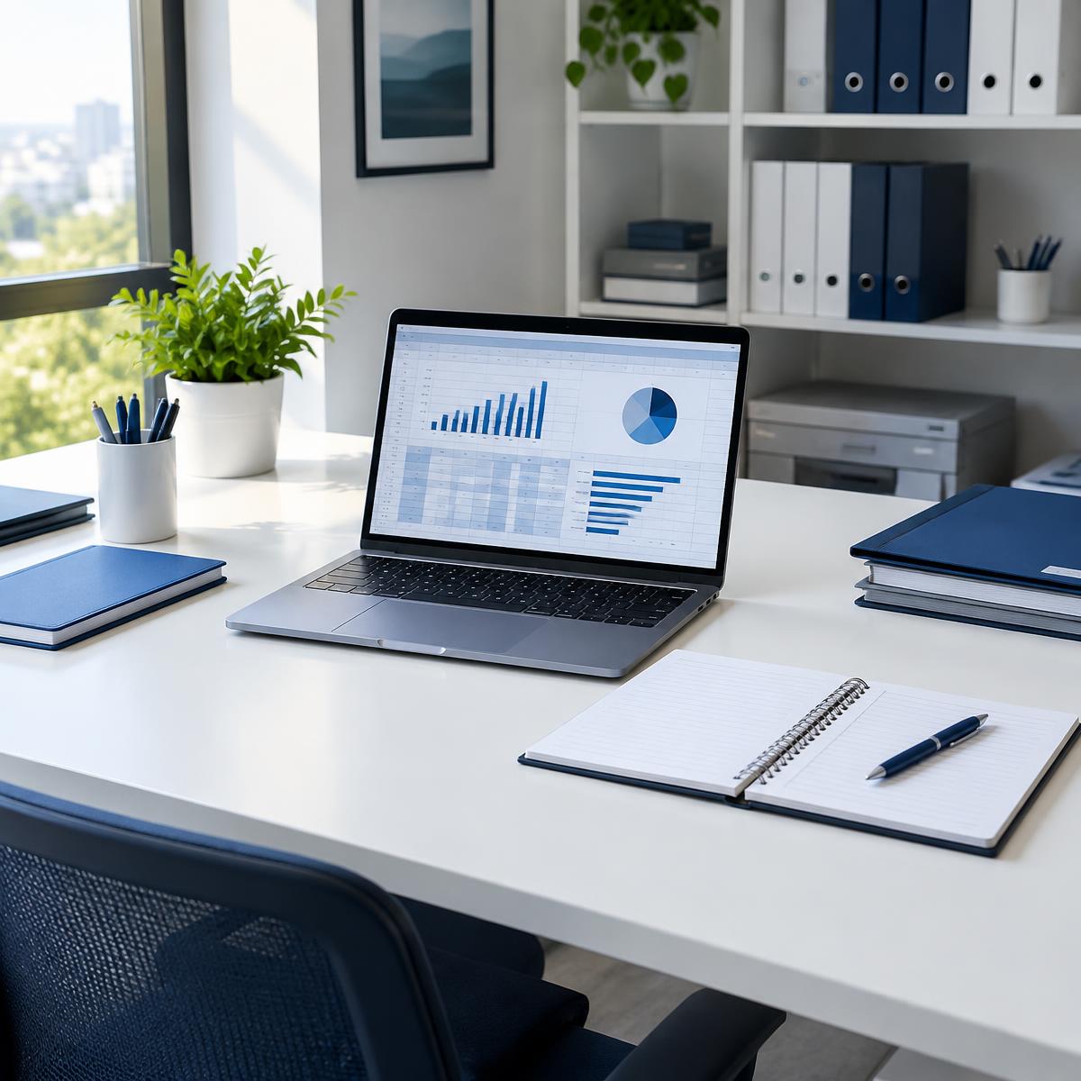 Ambiente de trabalho organizado com notebook, planilhas e arquivos